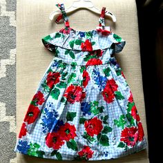 Nwt Dress, 100% Cotton. Beautiful Summer Colors. Red Ruffled Dress For Playwear, Blue Spring Dress For Play, Cute Holiday Dresses For Spring, Cute Spring Holiday Dresses, Cute Blue Holiday Dress, Red Floral Print Dress For Playtime, Blue Ruffled Dress For Holiday, Holiday Blue Ruffled Dress, Blue Holiday Dress With Ruffles