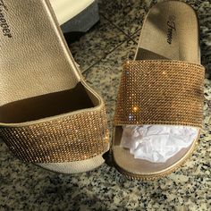 Sparkles In The Light. Golden Bling Slides. Bling Slides, Gold Slippers, The Light, Slides, Slippers, Sparkle, Women Shoes, Tote Bag, Gold