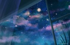 the night sky is filled with stars and clouds, as seen from an open window