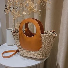 Xajzpa - Straw Summer Beach Bag Women Vintage Handmade Woven Shoulder Shell Fashion Tote Vacation Handheld Brown Bucket Bag For Beach Season, Summer Brown Satchel For Shopping, Brown Satchel For Summer Shopping, Summer Vacation Satchel, Rectangular Straw Bag With Mobile Phone Bag For Vacation, Rectangular Straw Bag With Mobile Phone Pocket For Vacation, Summer Rectangular Satchel With Mobile Phone Bag, Handheld Brown Satchel For Vacation, Brown Handheld Satchel For Vacation