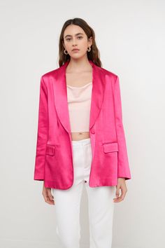 Elevate your style and step up your game with this blazer. With its sleek and shiny satin finish, this blazer is perfect for making a statement. It features a shawl collar, single button closure and welt pockets with flap. Plus, it's machine-washable so you can keep it looking fresh all year long. Whether you're dressing up for a formal event or just want to add a touch of sophistication to your everyday look, this blazer is the perfect choice. Shawl collar Single button closure Welt pockets wit Tailored Satin Blazer For Semi-formal Occasions, Semi-formal Satin Outerwear With Lapel Collar, Classic Satin Blazer For Semi-formal Occasions, Pink Party Blazer With Lapel Collar, Classic Spring Party Blazer, Pink Lapel Collar Blazer For Party, Fall Silk Blazer With Notch Lapel, Fall Semi-formal Satin Blazer, Semi-formal Fall Satin Blazer