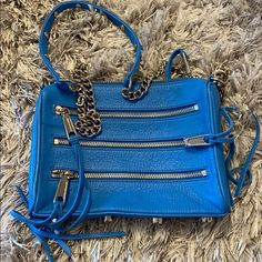 Brand New Rebecca Minkoff Bag Blue Top Handle Shoulder Bag With Chain Strap, Blue Tote Shoulder Bag With Chain Strap, Blue Shoulder Bag With Top Handle And Chain Strap, Blue Shoulder Bag With Chain Strap For Shopping, Designer Blue Shoulder Bag With Zipper Closure, Designer Blue Bag With Zipper Closure, Designer Blue Bags With Zipper Closure, Blue Crossbody Shoulder Bag With Branded Hardware, Chic Blue Shoulder Bag With Silver-tone Hardware