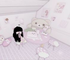 a room filled with lots of stuffed animals on top of a pink table and chairs