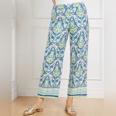 Talbots Wide Crop Pants Botanical Medallion Color: Dutch Blue Multi Size: Large Details Your Favorite Wide Leg Pants In A Gorgeous Botanical Medallion Print. Crafted With An Of-The-Moment Cropped Hem And Higher Waistband For A Modern Fit. Easy Pull-On Styling. Breathable, Lightweight Fabric With Elegant Draping. Features Flat Front/Trouser Wide Leg Hits At Waist Crop Length Pull On Closure Slash Pockets Imported Fit And Material Fit: Misses: 26" Material: 100% Lenzing Ecovero Viscose Care: Machi Printed Blue Bottoms For Vacation, Blue Printed Bottoms For Vacation, Blue Floral Print Pants For Vacation, Blue Printed Long Pants, Blue Printed Wide Leg Bottoms, Blue Floral Print Ankle-length Pants, Blue Ankle-length Pants For Vacation, Blue Floral Print Bottoms For Workwear, Blue Floral Print Straight Leg Bottoms