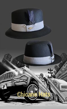 "Frank Garcia traditional  Black fine finish  fedora lowrider hat made of 100% woven finest cotton string comes with a Gray band. Also comes with a silk inside liner, real rooster feather, pearl pin and hat pendant. 2\" brim." Adjustable Flat Bill Panama Hat For Kentucky Derby, Retro Adjustable Fedora Hat Band, Adjustable Retro Fedora Hat Bands, Adjustable Fitted Hat With Short Brim For Summer, Black Flat Bill Fedora For Summer, Black Curved Brim Fitted Hat For Summer, Black Fitted Hat With Curved Brim For Summer, Custom Black Fedora For Kentucky Derby, Adjustable Black Fedora With Flat Bill