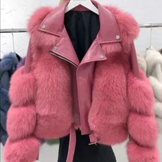 Real Fox Fur Motorcycle Jacket With Real Sheepskin Leather And Silver Hardware. Luxury Long Sleeve Biker Jacket With Faux Fur Lining, Winter Pink Biker Jacket, Pink Winter Biker Jacket, Faux Fur Long Sleeve Biker Jacket For Fall, Luxury Pink Outerwear For Winter, Luxury Pink Winter Outerwear, Luxury Biker Jacket With Faux Fur Trim For Fall, Pink Biker Outerwear For Fall, Luxury Winter Biker Jacket With Faux Fur Trim