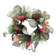 a christmas wreath with pine cones and berries