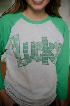 Lucky Raglan - Tees Fun Long Sleeve T-shirt With Screen Print, Cute Green T-shirt With Custom Print, Fun Long Sleeve Screen Print T-shirt, Cute Unisex Long Sleeve T-shirt, Funny Long Sleeve T-shirt With Custom Print, Cute Green Tops With Name Print, Funny Green Tops With Letter Print, Cute Green Top With Text Print, Funny Green Top With Letter Print