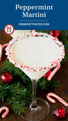 peppermin martini with candy canes on the rim and text overlay that says peppermin martini