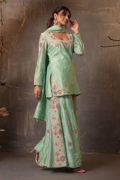 Sea green kurta with thread embroidery in floral applique cutwork border. Paired with embroidered sharara and dupatta. - Aza Fashions Fitted Embroidered Green Sharara, Fitted Green Sharara For Reception, Unstitched Green Art Silk Sharara, Green Embroidered Sharara With Traditional Drape, Semi-stitched Embroidered Green Sharara, Fitted Green Sharara With Zari Work, Green Silk Sharara For Eid, Green Elegant Art Silk Sharara, Elegant Green Art Silk Sharara