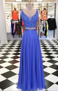 Charming A Line Two Piece V Neck Open Back Blue Long Prom Dresses with Beading, Formal Evening Party Dresses Classy Dressing, Prom Dress Blue, Blue Evening Dress, Beaded Formal Dress, Beaded Party Dress, Winter Formal Dresses, Blue Two Piece, Corset Dress Prom