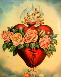 a painting of a heart with roses in the center and a crown on top of it