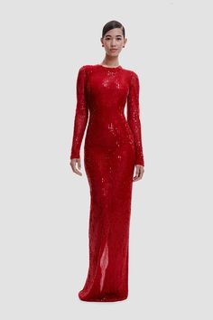 BEADED JEWEL NECK COLUMN GOWN WITH LONG SLEEVES – Naeem Khan Gown With Long Sleeves, Elegant Bridal Gown, Sequin Halter, Cute Dress Outfits, Halter Gown, Naeem Khan, One Shoulder Gown, Beaded Jewels, Column Gown