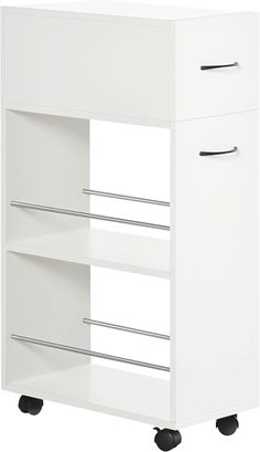 a white cabinet with three drawers on casteors and two black wheels, against a white background