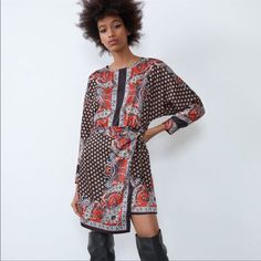 Nwt Satin Feel Long Sleeve Bohemian Dress With Baroque Print, Chic Long Sleeve Dresses With Baroque Print, Chic Long Sleeve Baroque Print Dresses, Elegant Black Paisley Print Dress, Bohemian Style Fall Dresses For Workwear, Brown Long Sleeve Boho Print Dress, Bohemian Fall Dresses For Workwear, Long Sleeve Brown Dress With Boho Print, Elegant Paisley Print Mini Dress