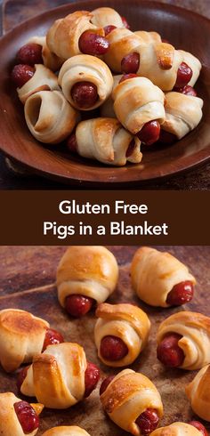 hot dogs wrapped in crescented bread on a plate with the words gluten free pigs in a blanket