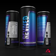 three cans of energy drink on a black background with the label in blue and white