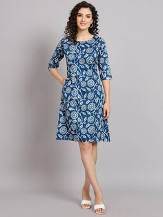 "PRODUCT DETAILS  Blue & white floral printed a-line dress Round neck Three-quarter, regular sleeves Knee length in flared hem Cotton fabric Zip closure Size & Fit The model (height 5'8) is wearing a size S Material & Care Cotton Machine Wash Specifications Shape A-Line Neck Round Neck Length Knee Length Print or Pattern Type Floral Sleeve Length Three-Quarter Sleeves Sleeve Styling Regular Sleeves Occasion Casual Knit or Woven Woven SIZE CHARTS: Size              BUST  NATURAL WAIST                HIP XXS                 30-31\"          24-25\"                       33-34\" XS                 32-33\"         26-27\"                        35-36\" S                  34-35\"          28-29\"                        37-38\" M                36-37\"            3 0-31\"                39-40\" Cotton A-line Floral Dress, Blue Floral Print Midi Dress With 3/4 Sleeve, Half Sleeve Cotton Floral Print Dresses, Blue Cotton Dresses With 3/4 Sleeves, Blue Printed Dress With 3/4 Sleeve, Blue Cotton Dress With 3/4 Sleeves, Blue Floral Print Half Sleeve Midi Dress, Blue Floral Print Midi Dress With Half Sleeves, Blue Floral Print Midi Dress Fit And Flare