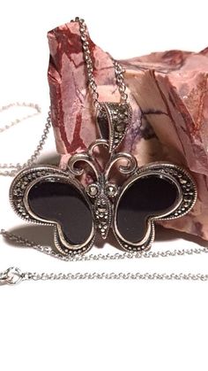 "Marcasite 925 Sterling Silver Black Onyx Butterfly Pendant Necklace with Rhodium Non Tarnish Sterling Silver Chain 21x32mm Vintage, Antique Available in 16\", 18\", 18+2\" Extender, 18+4\" Extender" Butterfly Pendant Necklace, Butterfly Pendant, Sterling Silver Chain, Black Onyx, Sterling Silver Chains, Silver Chain, Cuff Bracelets, Onyx, 925 Sterling Silver