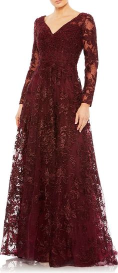 Mac Duggal Beaded Embroidered Floral Long Sleeve A-Line Gown | Nordstrom Formal Lace Dress, Dress Brokat, Mac Duggal Dresses, Mom Wedding, Long Sleeve Gown, Embellished Gown, Prom Designs, Designer Prom Dresses, Column Gown