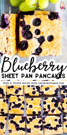 blueberry sheet pan pancakes with grapes in the background and text overlay reading blueberry sheet pan pancakes