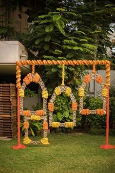 an orange and yellow decoration in the yard