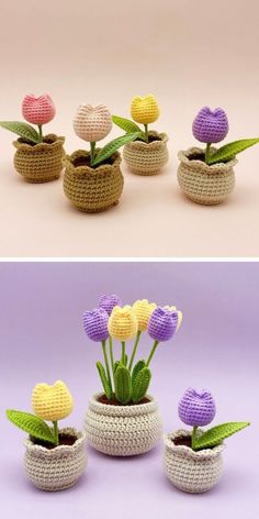 crocheted flower pots with flowers in them and the same one on each side