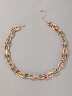 Colorful Large Chain Necklace Trendy Pink Clavicle Chain Necklace, Trendy Multicolor Jewelry With Delicate Chain, Trendy Pink Short Chain Necklace, Pink Chain Link Necklace With Adjustable Chain, Multicolor Chain Choker Jewelry, Multicolor Clavicle Chain Necklace For Party, Multicolor Metal Chain Necklace For Party, Multicolor Delicate Chain Jewelry For Party, Multicolor Metal Necklace With Adjustable Chain