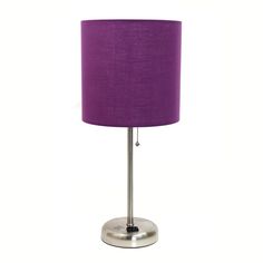 a purple lamp on a metal base with a light bulb in the middle and a fabric shade over it