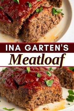 meatloaf on a plate with sauce and garnish