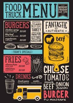 the menu for a fast food restaurant with burgers and drinks on blackboard background