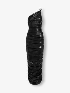 Introducing the surfside dress, cut from shiny pu leather. This one-shoulder, oblique-neck, backless dress is pleated to perfection, sculpting an hourglass shape for a sleek and elegant look. Corset Gown, Hourglass Shape, Elegant Look, Black Sequin Dress, Tulle Gown, Satin Gown, Stretch Satin, Beaded Lace, Black Sequins