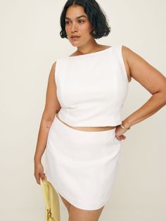 How classic.  Shop the Grace Linen Two Piece ES from Reformation, a two-piece set with a sleeveless top and matching skirt. Linen Two Piece Set, Swimwear Dress, Boat Neckline, New Tops, Outerwear Sweater, Linen Clothes, A Line Skirts, Sleeveless Top, New Dress