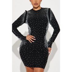 Dynamite Long Sleeve Rhinestone Mini Dress - XS / Black Rhinestone Mini Bodycon Dress For Night Out, Rhinestone Bodycon Mini Dress For Night Out, Mini Length Bodycon Dress With Rhinestones For Night Out, Black Rhinestone Bodycon Dress For Club, Glamorous Black Mini Dress With Crystals, Chic Rhinestone Bodycon Dress For Night Out, Club Mini Bodycon Dress With Rhinestones, Mini Bodycon Dress With Rhinestones For Club, Glamorous Embellished Mini Dress For Winter