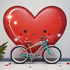 a bicycle parked next to a giant heart