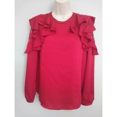 Vintage 80's Red Ruffled Sleeve Blouse Very Unique Red Top With Layered Puffy Sleeves And Lace Shoulder Cutout. Button Back Nwt. Sized As Xs-S Misses Size. Fits More Like A Regular Large. Please See Measurements. There Is No Stretch To Fabric. Worthington Nwt 100% Polyester Shoulder To Shoulder: Approx 15-17" Bust: 17" Sleeve Length: 22-24" Approx Total Length: 23" Worthington, Vintage, 80s, 1980s, 80's, Eighties, Red, Lace, Blouse, Polyester, Silky, Ruffles, Puffy Shoulder, Top, Office Wear, Nw Elegant Red Ruffled Blouse, Red Ruffled Blouse For Fall, Chic Red Blouse With Ruffles, Chic Red Ruffled Top, Puffy Shoulder Top, Red Lace Blouse, Leather Peplum Tops, Chiffon Sleeveless Top, Red Stripes Top