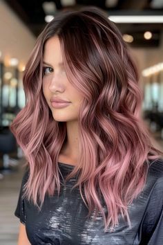 Pink Hair Brunette Balayage, Dark Rose Hair Color, Rose Gold Face Framing Highlights, Pink Balayage On Brown Hair, Dark Root Pink Hair, Pink And Brown Balayage, Highlights Color Hair, Pink Baylage Hair Light Brown, Rose Highlights Brunette