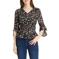 Whether you're in the office or out on the town, this ditsy floral print blouse is perfect for any occasion! Wear this shirt out for a breezy look. Style it with your favorite jeans for a casual look. Look cute no matter where the day takes you in the vintage flare sleeve floral blouse. Add a little whimsy to your look with the cute floral print blouse. Occasions: Shopping, Weekend Gatherings, etc. Measurement (in inches) International Size----------Chest Girth----------Waist Girth----------Shou Trendy Floral Print V-neck Blouse, Trendy V-neck Blouse With Floral Print, Floral Print V-neck Top For Office, Trendy Floral Print Top For Office, Trendy Floral Print Office Blouse, Trendy Floral Print Office Tops, Trendy Office Tops With Floral Print, Ditsy Floral Print V-neck Blouse For Fall, V-neck Ditsy Floral Print Blouse For Fall