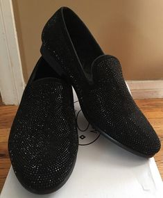 STEVE MADDEN CAVIATO RHINESTONE SLIP ON LOAFERS  $169.99 Flashy rhinestone studs cover a sleek suede loafer, infusing a menswear classic with a little extra dazzle. Leather upper/synthetic lining and sole. By Steve Madden; imported. Men's Shoes. CA RESIDENTS 9.25% TAX WILL BE CHARGED Prom Shoes Men, Prom Shoes Black, Diamond Shoes, Prom Suits For Men, Black Gold Wedding, Studded Loafers, 2024 Prom, Slip On Dress, Studs Men