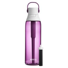 a purple water bottle with a straw in it