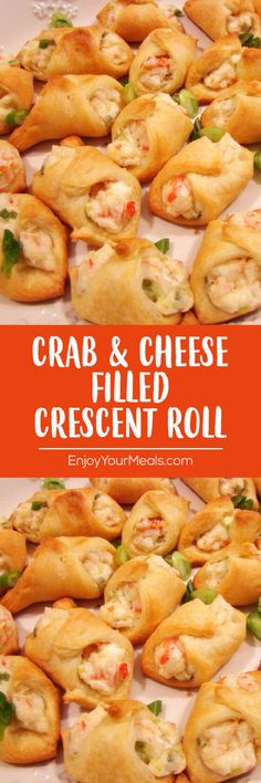 crab and cheese filled crescent roll on a plate with text overlay that reads crab and cheese filled crescent roll