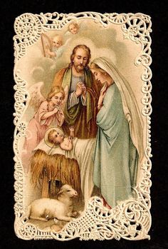 an image of jesus surrounded by angels and sheeps on a doily with lace border