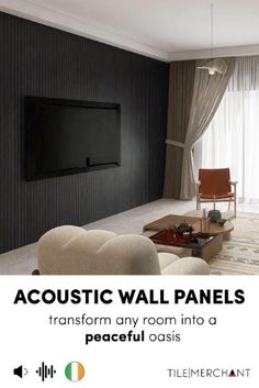 a living room with black walls and white carpeted flooring is featured in this ad for accent wall panels