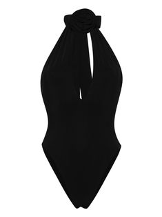 black stretch-design plunge style halterneck tie fastening open back one-piece design Be mindful to try on swimwear over your own garments. Elegant Backless Halter Top For Beach, Elegant Triangle Top Stretch Swimwear, Elegant Halter Neck Top For Beach, Elegant Beach Halter Top, Elegant Black Triangle Top Swimwear, Elegant Black Halter Top For Poolside, Elegant Halter Neck Top For Poolside, Elegant Triangle Top Bodysuit For Pool, Chic Tie Back Halter Top For Swimming