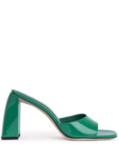 clover green calf leather patent finish slip-on style square open toe branded leather insole 100mm block heel leather outsole Green Open Heel Padded Heels, Green Open Heels With Padded Heel, Green Leather Sole Mules For Spring, Green Mules With Leather Sole For Spring, Spring Green Mules With Leather Sole, Green Heels With Padded Heel, Green Open Heel Heels With Padded Heel, Green Open Toe Formal Mules, Green Open Toe Mules With Leather Sole