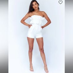 White Strapless Romper. Gauze Like Material Brand New With Tags! Chic White Strapless Jumpsuit For Summer, White Fitted Mini Jumpsuits And Rompers, White Casual Strapless Jumpsuit For Party, Summer White Jumpsuits And Rompers For Night Out, White Summer Jumpsuits For Night Out, White Jumpsuits And Rompers For Summer Night Out, White Jumpsuit For Summer Night Out, Flirty Strapless Jumpsuit For Spring Night Out, Flirty Strapless Jumpsuit For Night Out In Spring