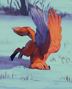 an orange and purple bird is flying in the air over snow covered ground with grass