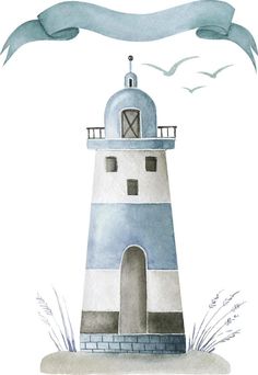 a watercolor painting of a light house with a ribbon around it's neck