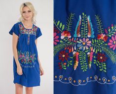 "Vintage 80s Mexican dress in blue with colorful floral embroidery. Short Sleeves, mini length. Please see measurements and condition below. Every garment we sell is authentic vintage and one-of-a-kind! You will receive the exact item photographed. Condition: Very good vintage. Best fits women's: Extra small Material:  Feels like Cotton Polyester blend MEASUREMENTS Taken from seam to seam while the garment is lying flat. Double the armpit, waist, and hips For reference, model is 5'7\" and measur Blue Folk Embroidered Dress For Spring, Blue Folk Dress For Spring, Multicolor Embroidered Short Sleeve Dress, Fitted Folk Style Blue Embroidered Dress, Folk Style Blue Short Sleeve Dress, Blue Folk Dress With Short Sleeves, Blue Folk Style Short Sleeve Dress, Vintage Blue Embroidered Dresses, Blue Short Sleeve Folk Dress