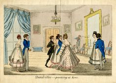 an old fashion illustration shows people in formal dress dancing and looking at each other's reflection